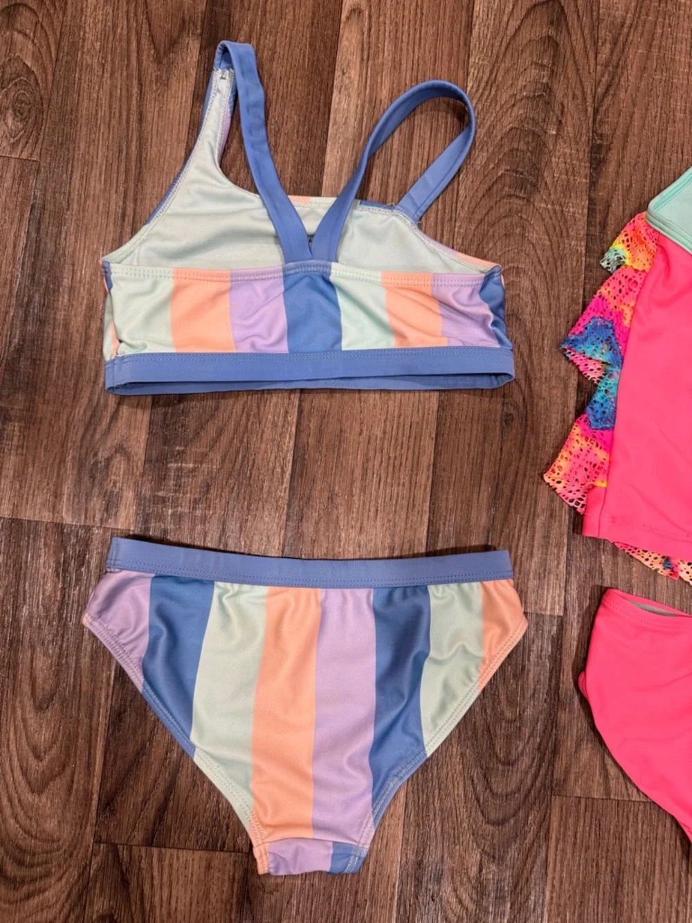 Lot of 3 Size 7/8 Swimsuits Pastel Tie-Dye, Mint & Neon Pink Girls Swim Tops